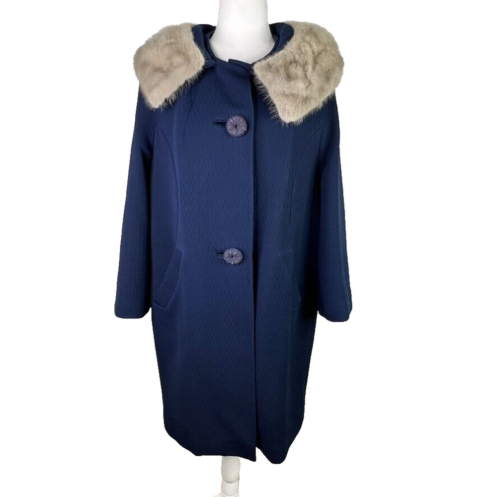 Vintage Women's Size M Rosewin Forstmann Fur‎ Trim Wool Coat Blue